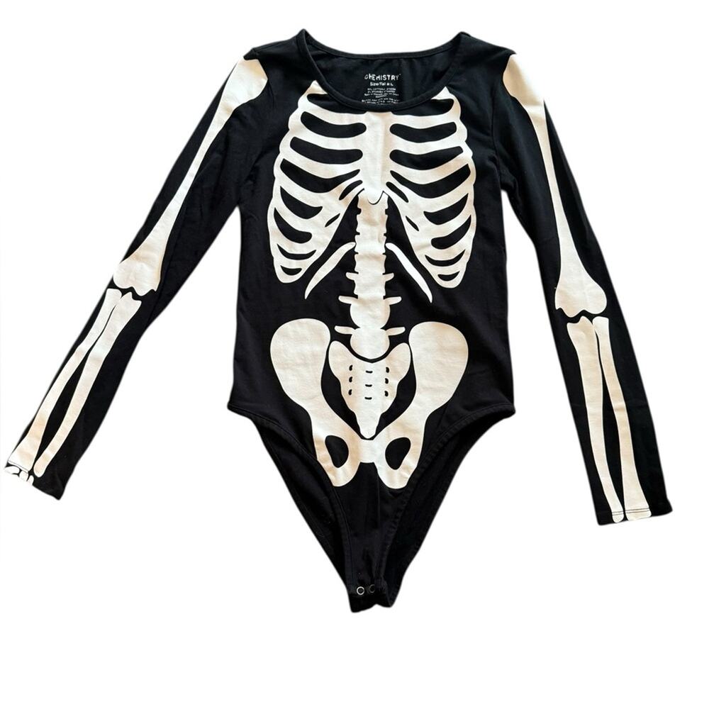 Chemistry Black Skeleton Print Bodysuit Long Sleeved Womens L Edgy Goth Cosplay